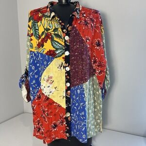 John Mark Womens Vibrant Floral Patchwork Button Up Tunic Blouse L Festival READ